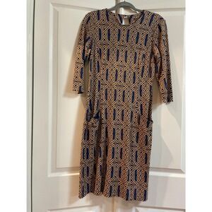 J.McLaughlin Sheath Dress Womens Medium Half Sleeve Geometric Retro‎ Blue Brown